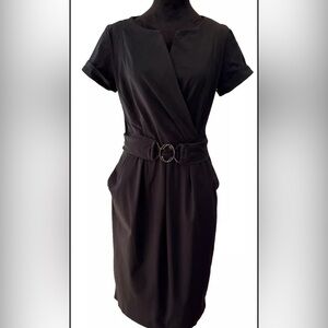 Shape FX ladies fitted bodycon all black belted dress size 10 cotton blend